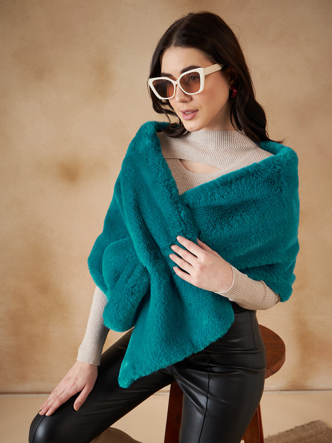 InWeave Women's Cyan Blue Long Faux Fur Cape