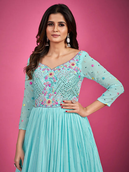 Myra Blue Chinon Silk Embroidered Gown
