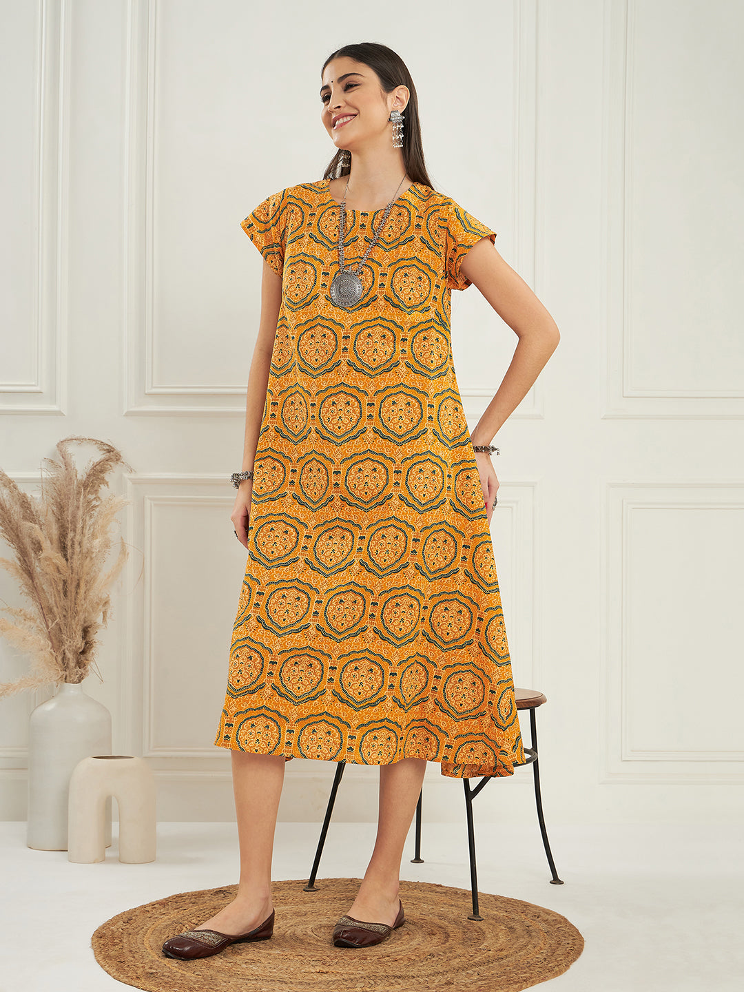 InWeave Women's Haldi Yellow Mughal Kalamkari A Line Dress