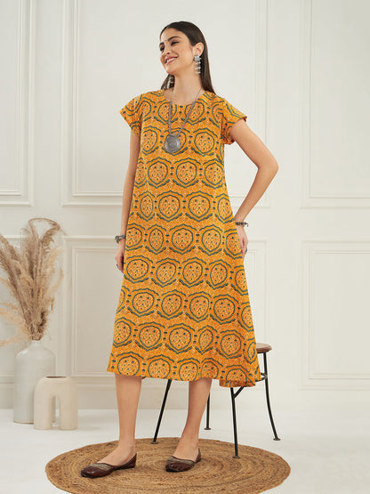 InWeave Women's Haldi Yellow Mughal Kalamkari A Line Dress