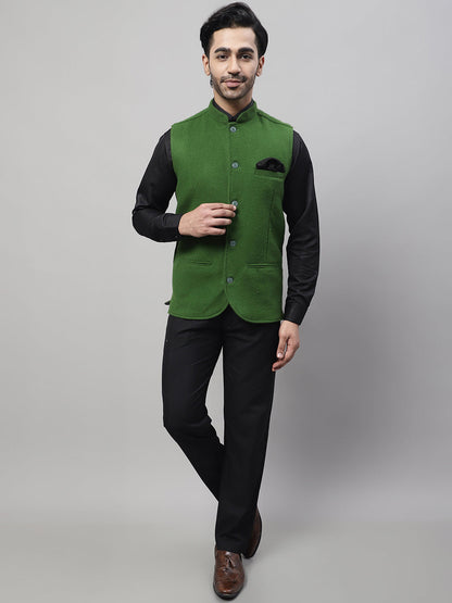 Even Apparels Men's Green Pure Wool Nehru Jacket
