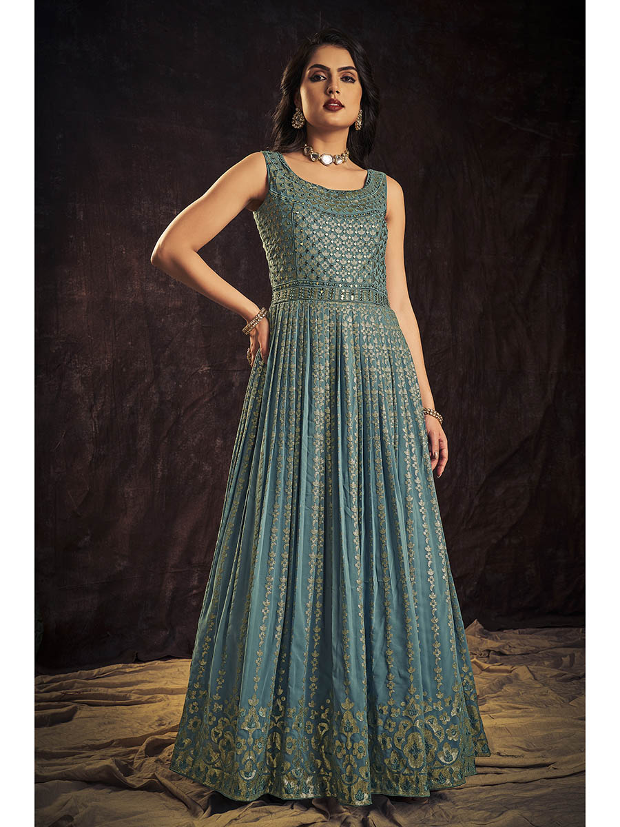 Myra Blue Real Georgette Designer Gown Style Suit