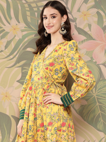 Ahalyaa Floral Printed Tie-Ups Crepe Empire Ethnic Dress