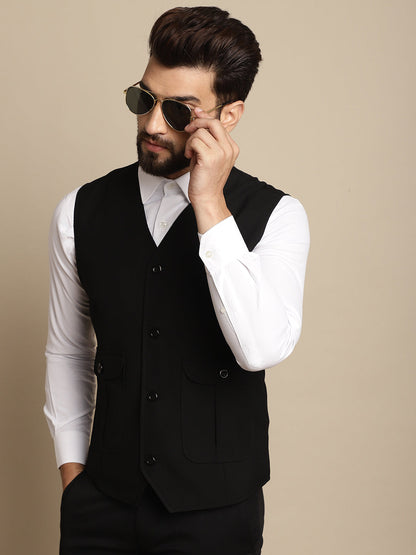 Even Apparels Men's Black Waistcoat With Patch Pocket