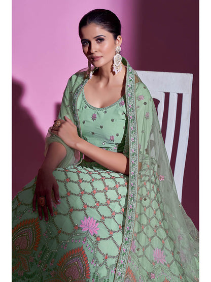 Myra Pista Green Georgette Embroidered Designer Lehenga Choli
