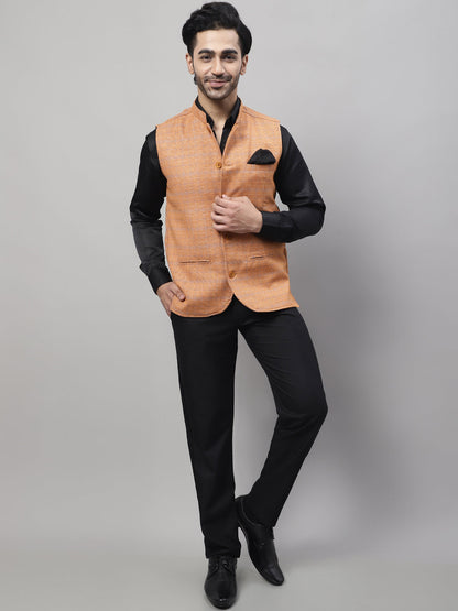 Even Apparels Men's Orange Nehru Jacket With Welt Pockets