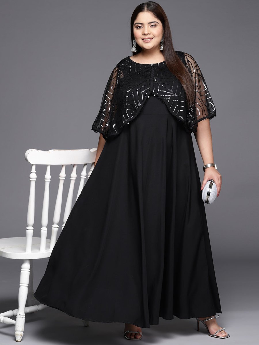 Ahalyaa Plus Size Geometric Print Crepe Layered A-line Maxi Ethnic Dress