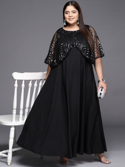 Ahalyaa Plus Size Geometric Print Crepe Layered A-line Maxi Ethnic Dress