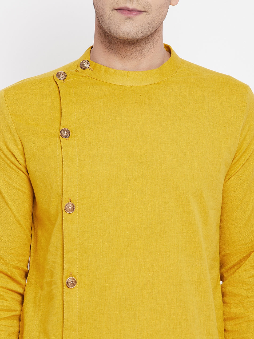 Even Apparels Yellow Pure Cotton Kurta With Band Collar