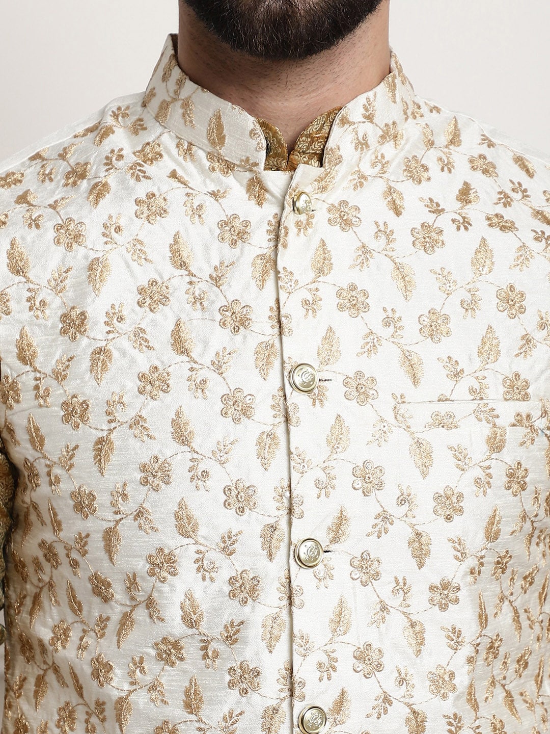 Sojanya Woven Design Mandarin Collar Kurta with Churidar & Nehru Jacket