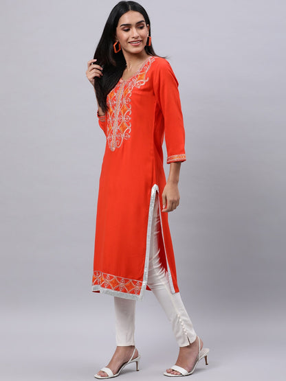 Souchii Orange Ethnic Motifs Thread Work Grandeur & Majestic Artwork Kurta