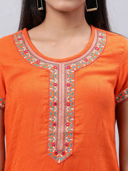 Souchii Orange Floral Embroidered Mirror Work Mirror Work Kurti