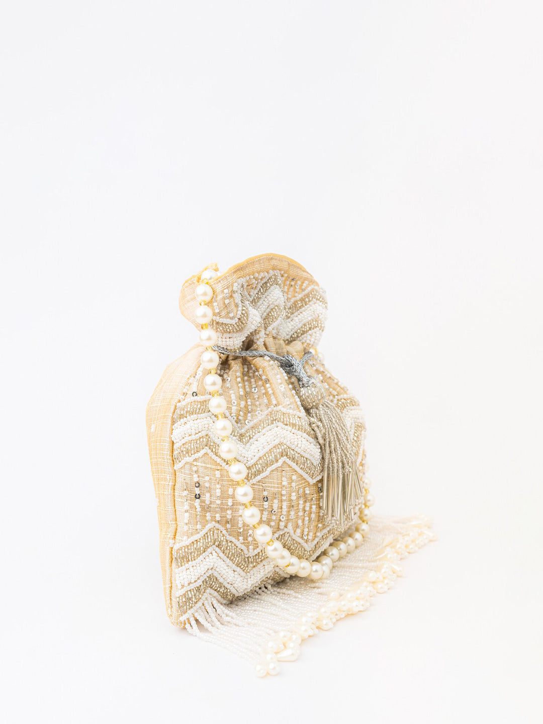 NR By Nidhi Rathi Cream-Coloured & Gold-Toned Embellished Potli Clutch
