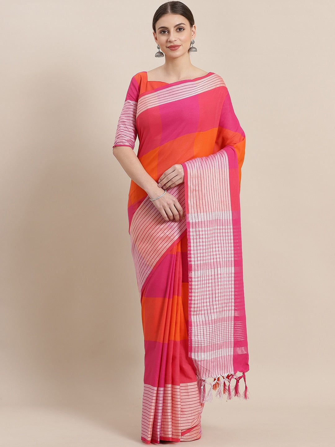 Saree Mall Pink & Orange Checked Saree