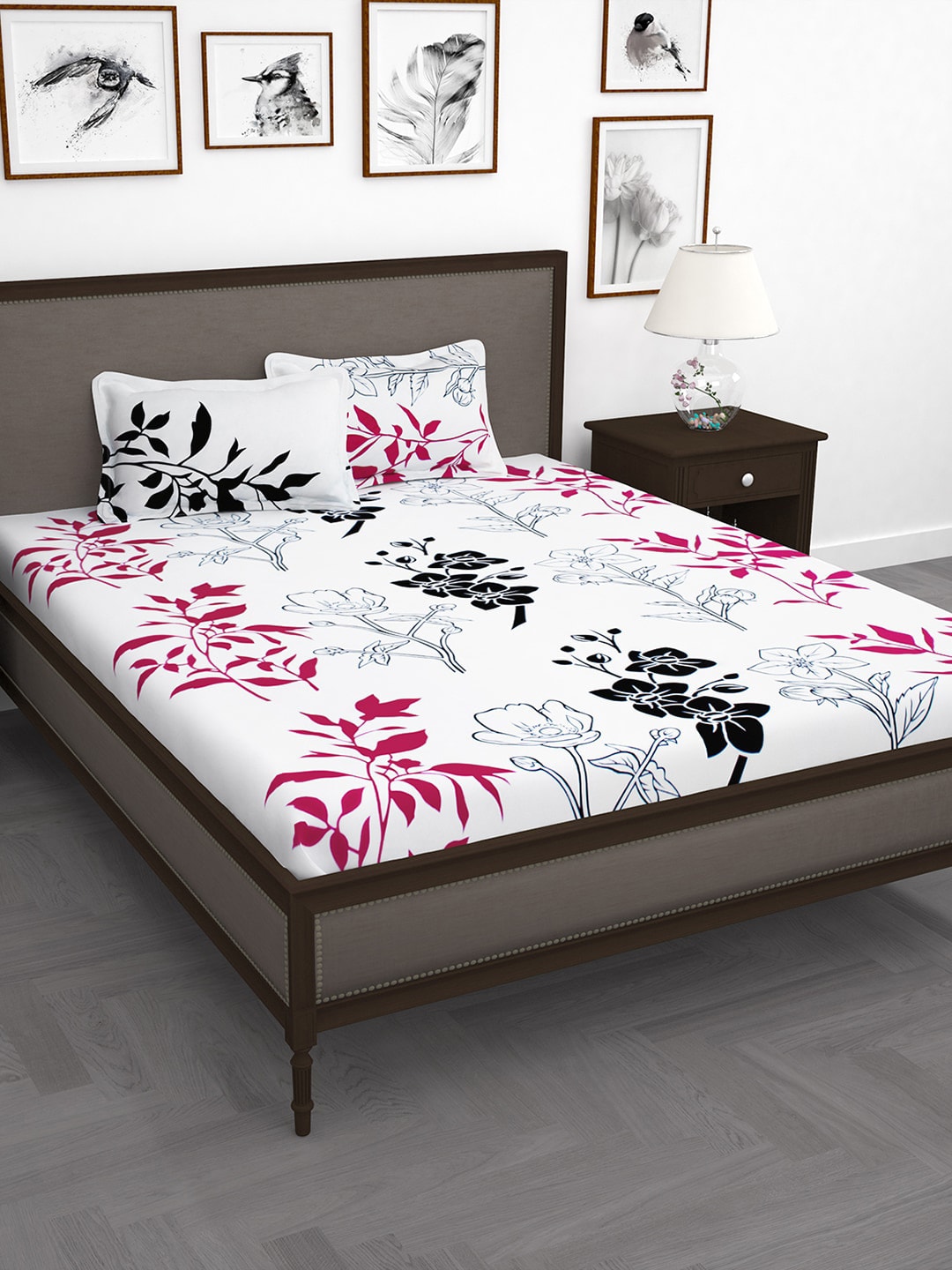 Story@home White & Pink Floral King Bedsheet with 2 Pillow Covers