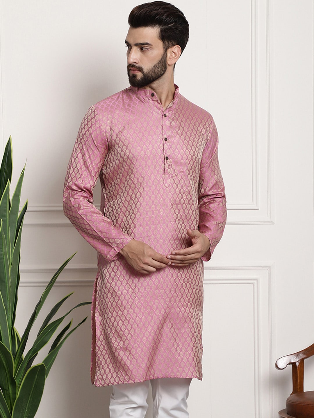 Sojanya Men Pink & Beige Ethnic Motifs Jacquard Woven Design Straight Kurta