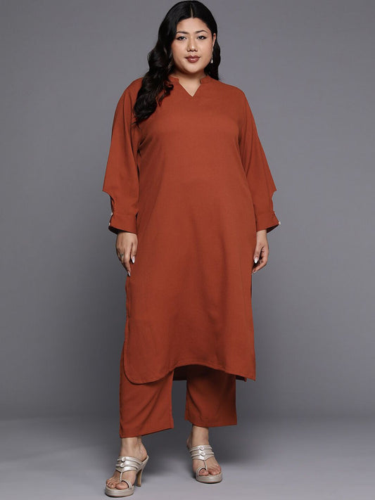 Sztori Plus Size Mandarin Collar Straight Kurta With Trouser