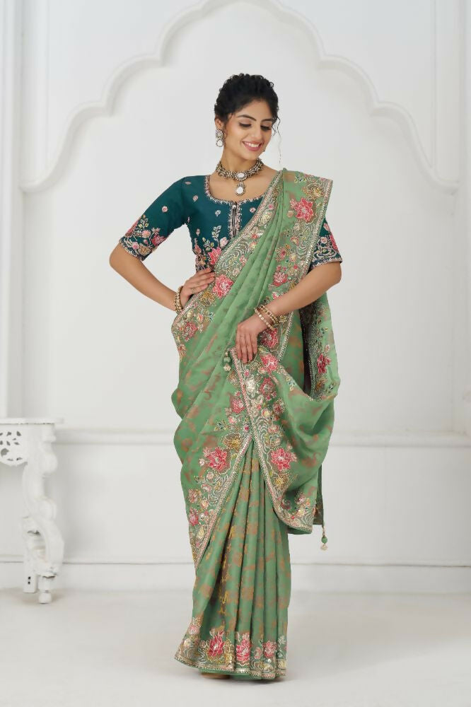 Kesar Fab Grace In Green: Multi-Thread Embroidered With Floral Elegance Saree