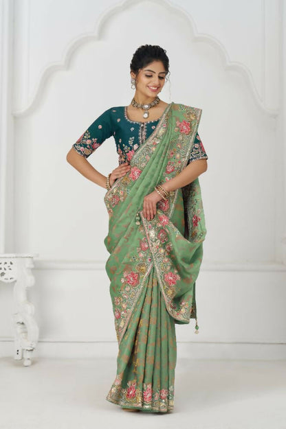Kesar Fab Grace In Green: Multi-Thread Embroidered With Floral Elegance Saree