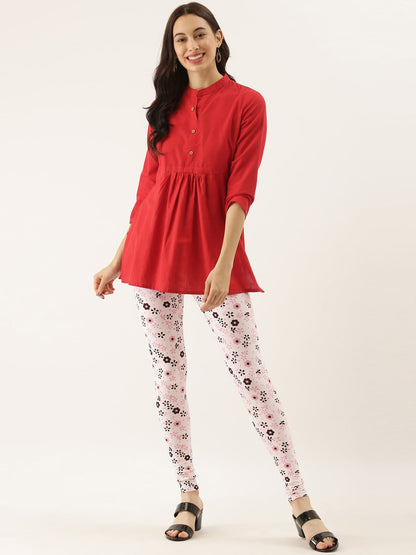 Souchii White & Pink Printed Ankle-Length Leggings