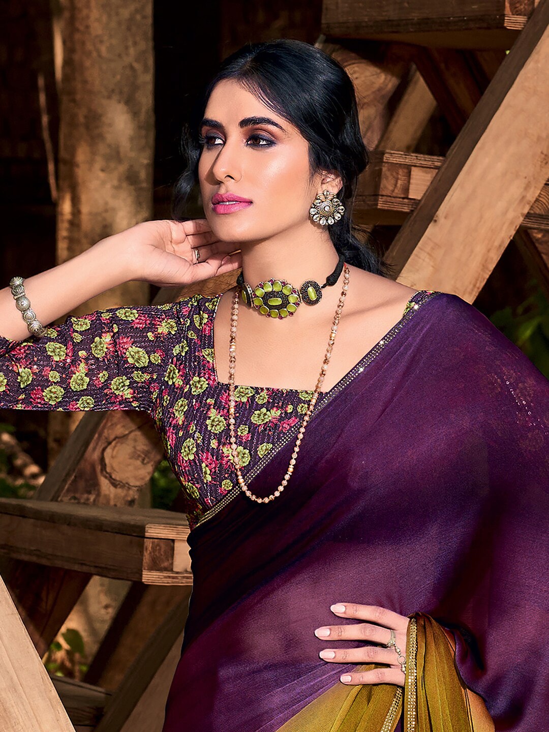 Saree Mall Purple & Beige Ombre Embroidered Sarees