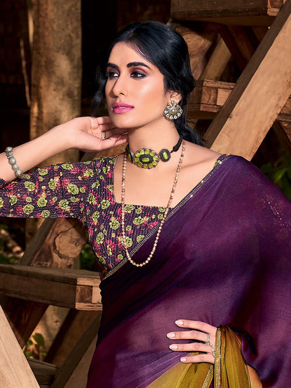 Saree Mall Purple & Beige Ombre Embroidered Sarees