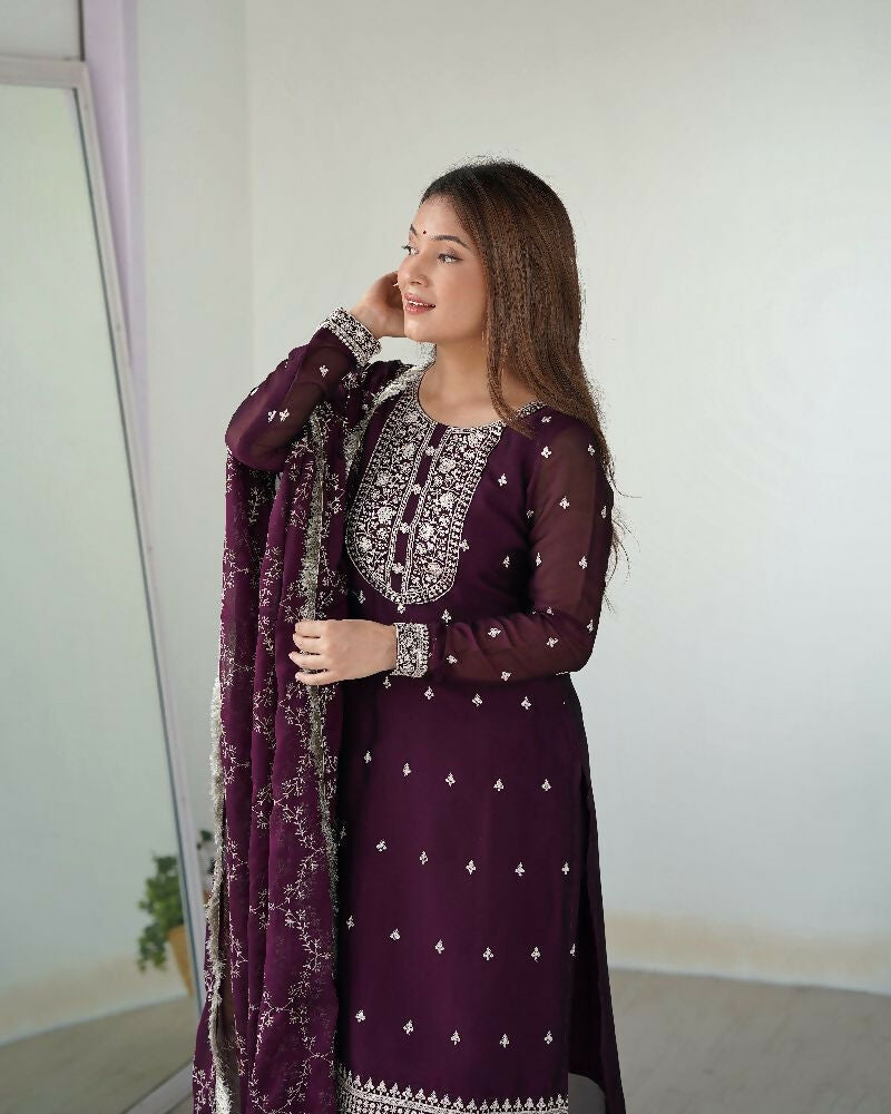Joban Fashion Wine Kurta Set Silk Sequence Embroidery Work