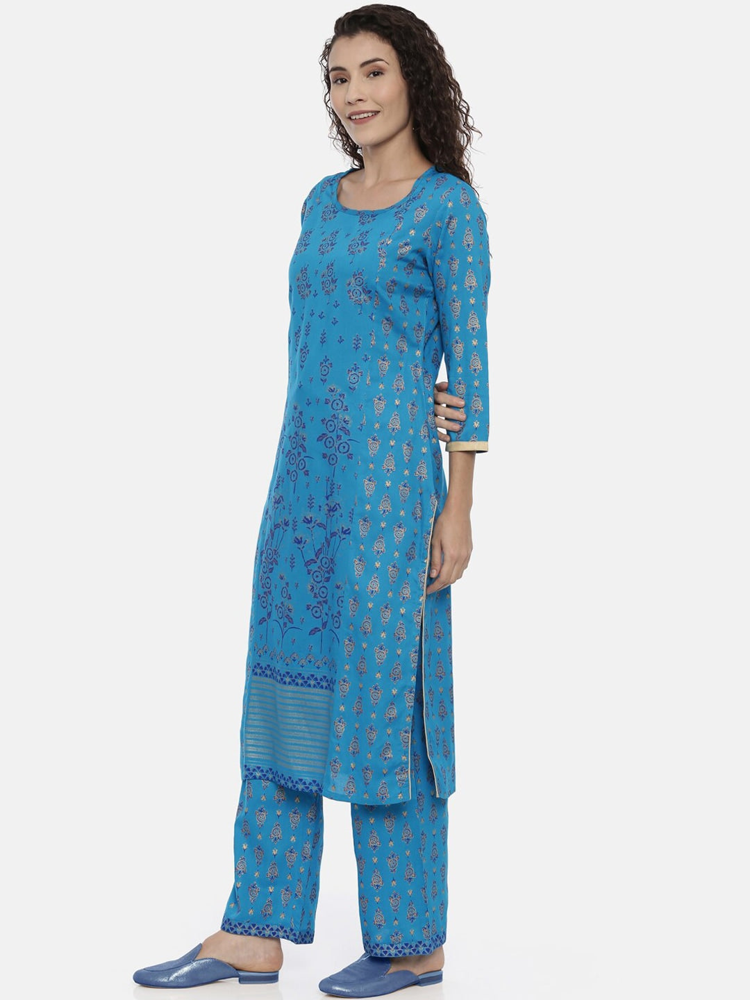 Souchii Turquoise Blue & Gold-Toned Floral Print Kurta with Palazzos