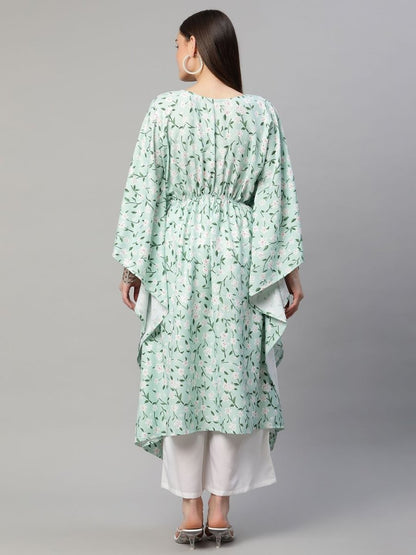 Ahalyaa Women Light Green Rayon Printed Flared Sleeve Kaftan Kurta