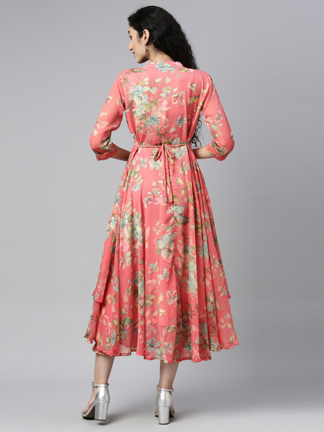 Souchii Women Pink & Green Floral Layered A-Line Midi Dress