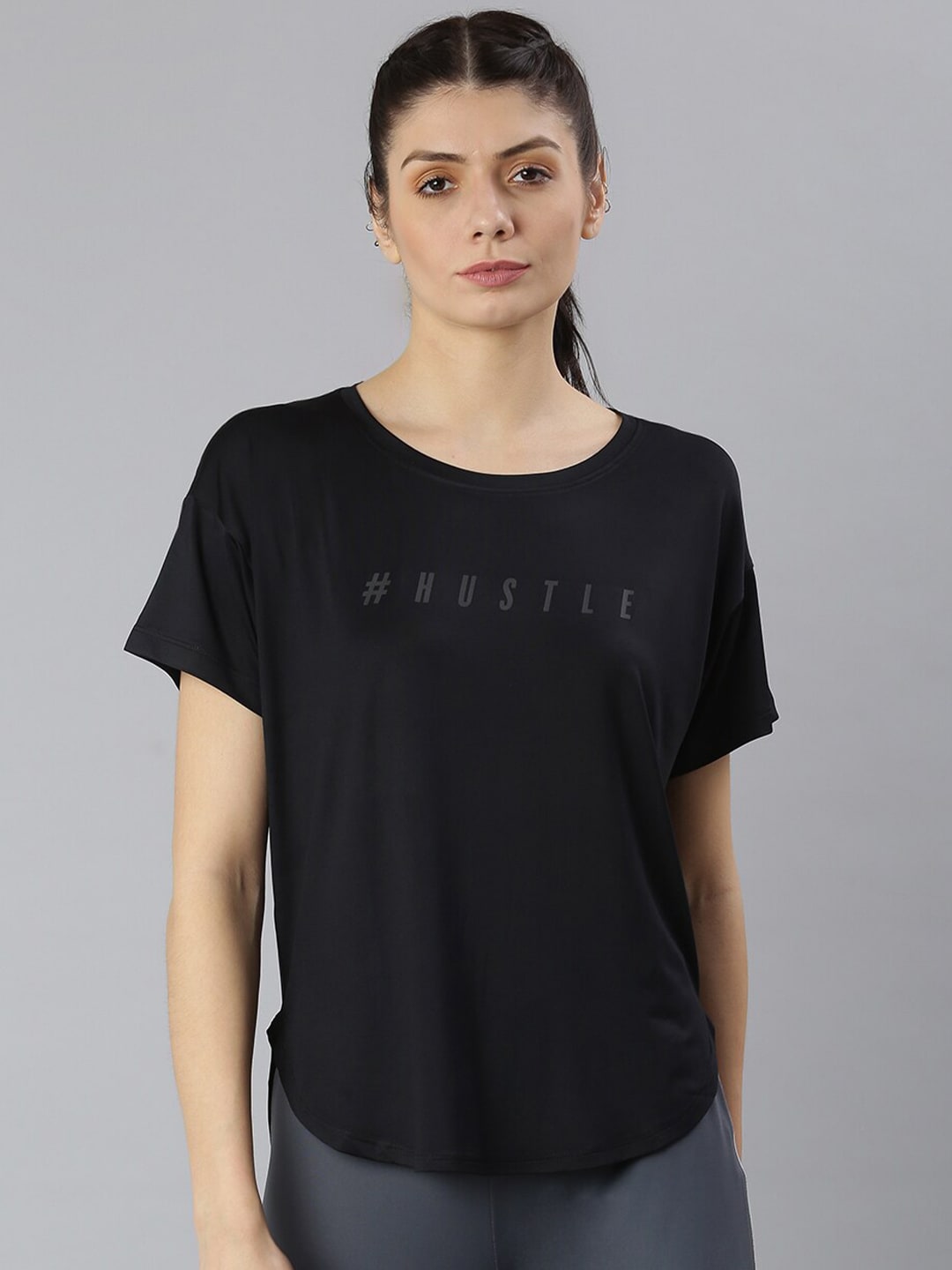 MKH Women Black Typography Printed Dri-FIT Sports T-shirt