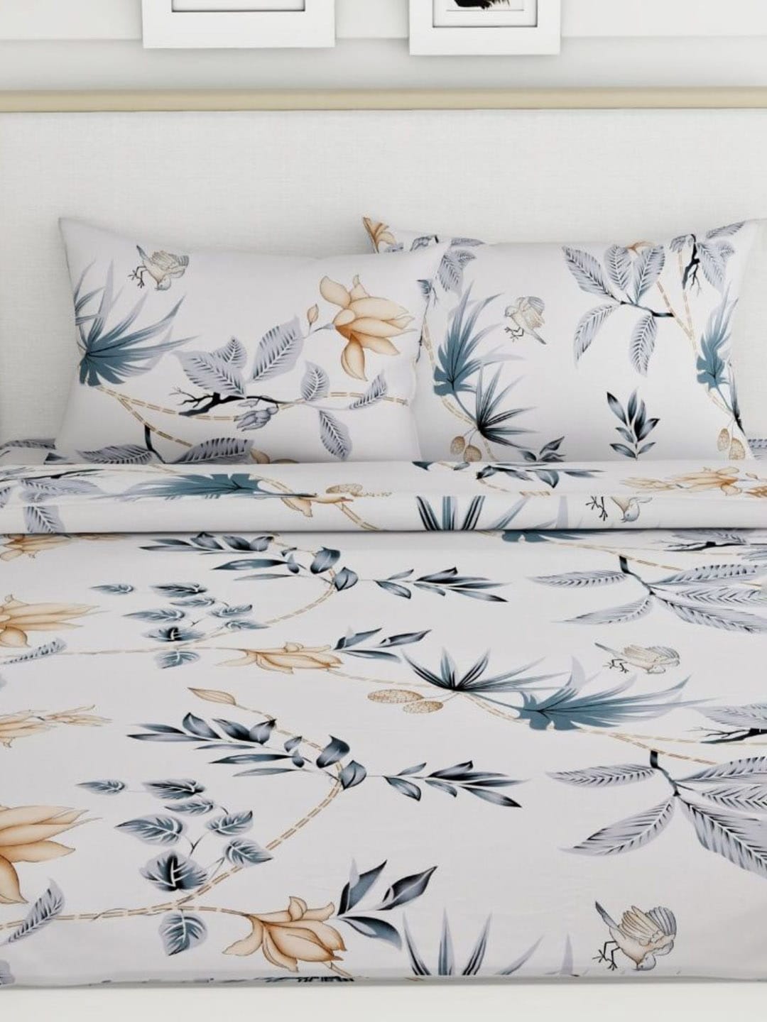 haus & kinder White & Grey Floral 186 TC Pure Cotton King Bedsheet & 2 Pillow Covers