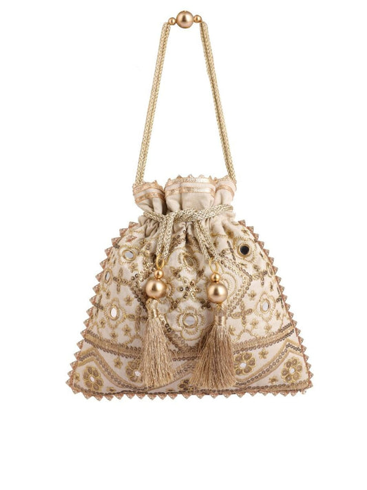 Masq Beige Embellished Embroidered Potli Clutch