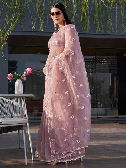 Tikhi Imli Pink Floral Embroidered Mirror Work Organza Saree