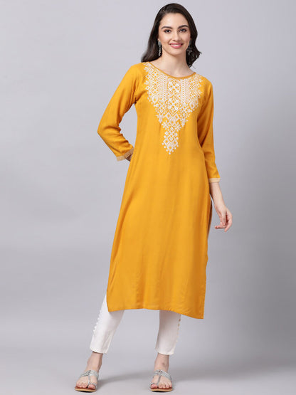 Souchii Women Tan & White Geometric Yoke Design Thread Work Grandeur & Majestic Artwork Kurta