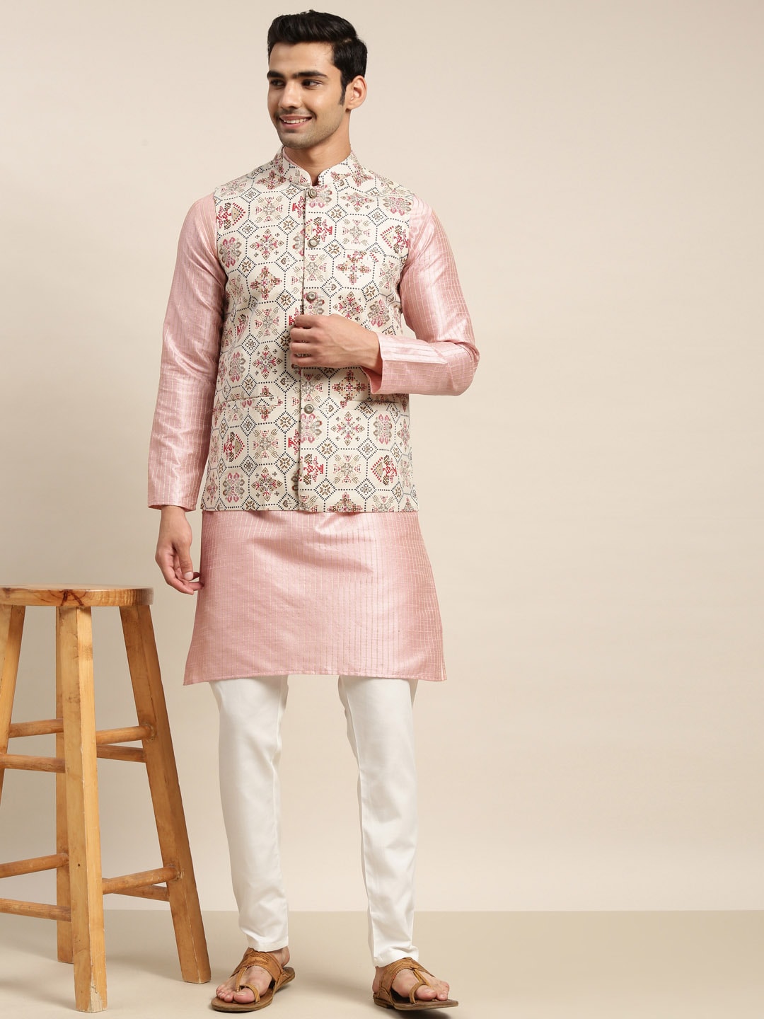 Sojanya Men Pink Solid Kurta & Churidar Comes With a Nehru Jacket