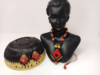 Terracotta Boho Style Diamond Pendant Medium Necklace Set With Hanging Flats-Dark Red