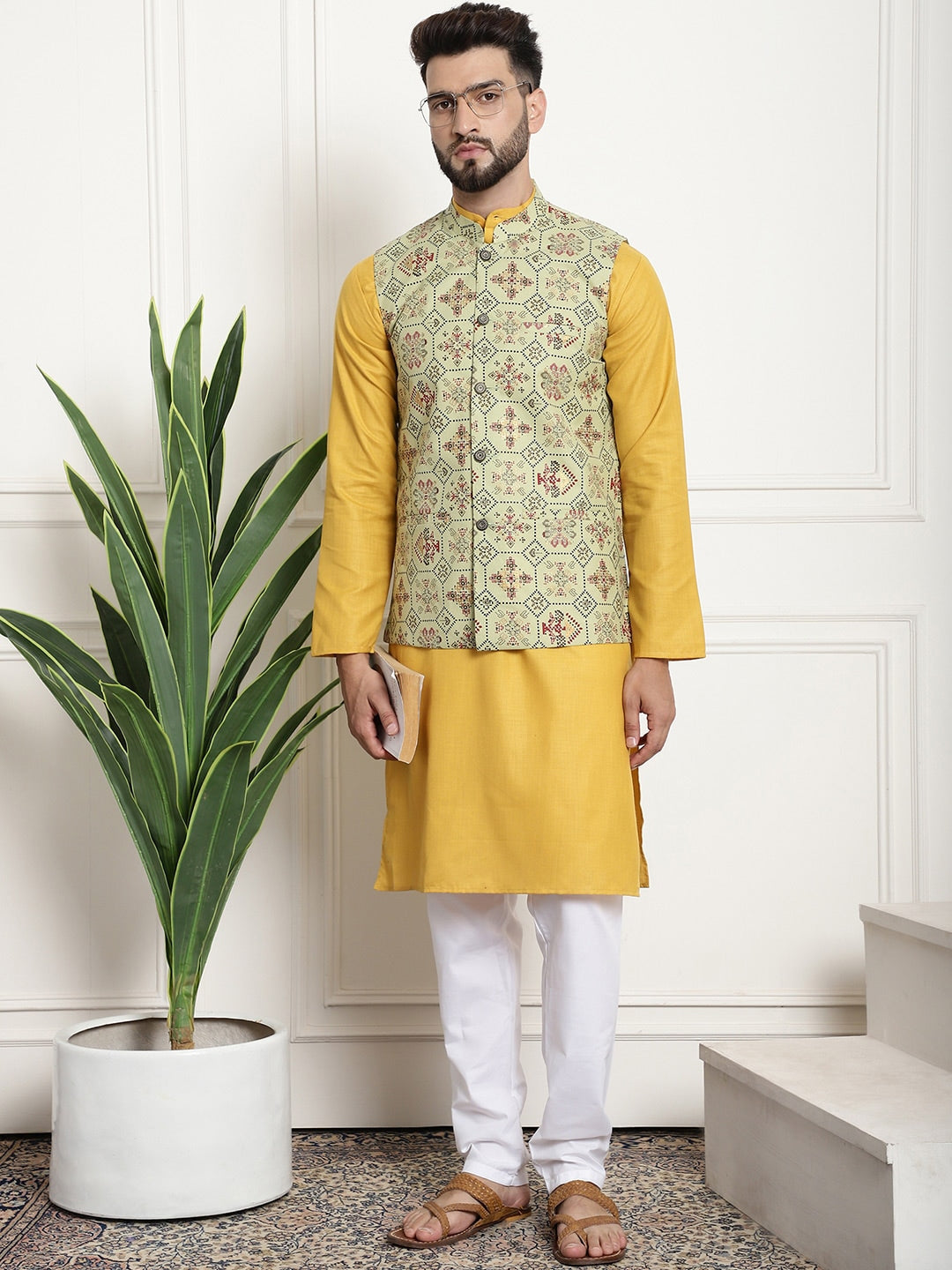 Sojanya Men Mustard Yellow Pure Cotton Kurta with Churidar & Nehru Jacket