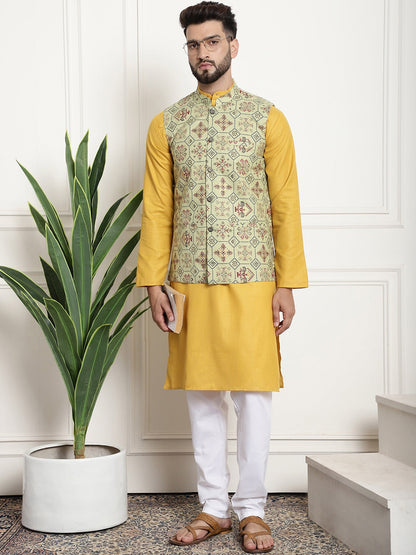 Sojanya Men Mustard Yellow Pure Cotton Kurta with Churidar & Nehru Jacket
