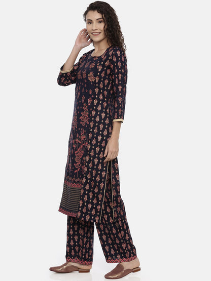 Souchii Navy Blue & Pink Printed Kurta with Palazzos