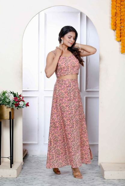 Miravan Women's Orange Floral Printed Crop Top And Skirt Co-Ord Set