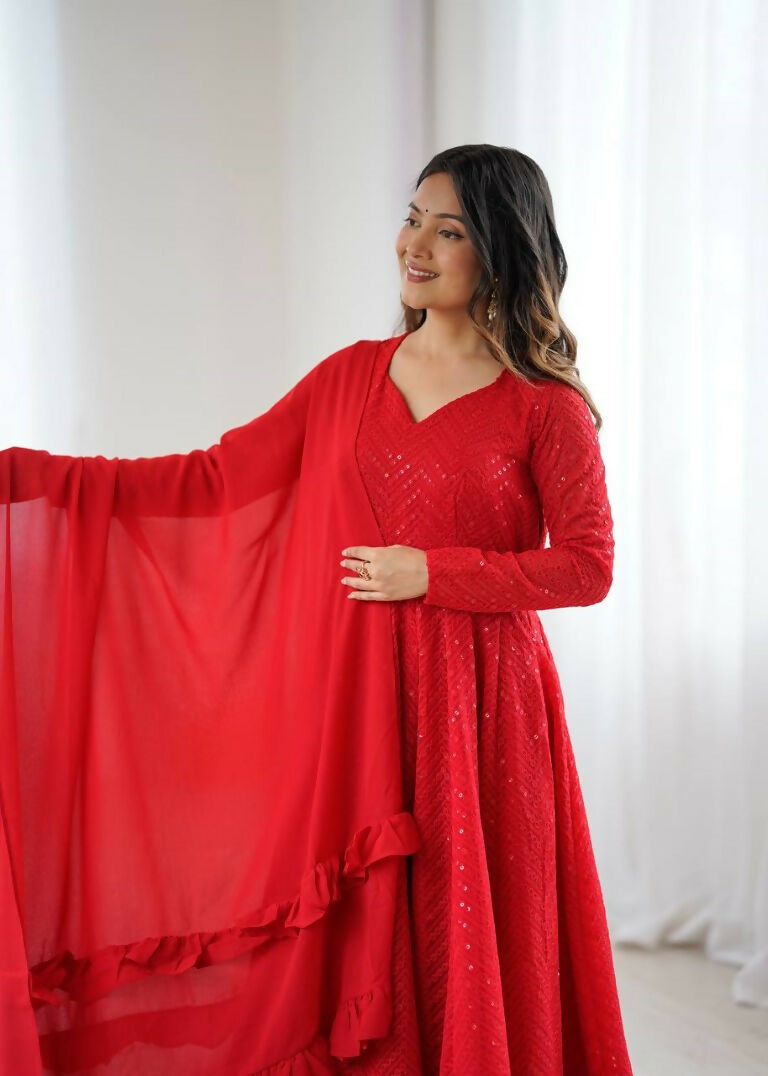 Teeya Creation Red Color Heavy Embroidery Work Georgette Fabric Wedding Wear Gown