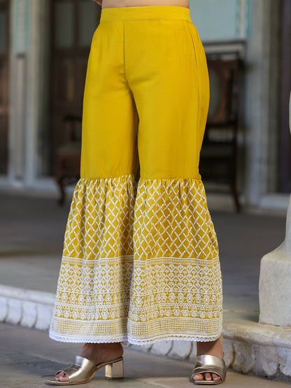 Juniper Women's Mustard Chinnon Embroidered Kurta Garara Set