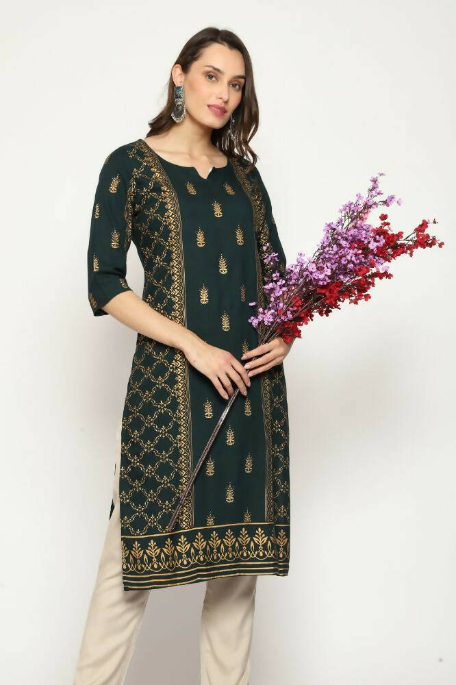 Maai Rayon Hand Printed Kurta Green
