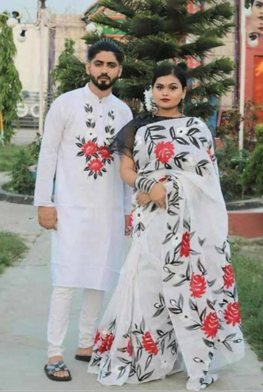 Exclusive Collection Elegant Hand Printing Designe On Pure Cotton Saree And Men's Kurta - White