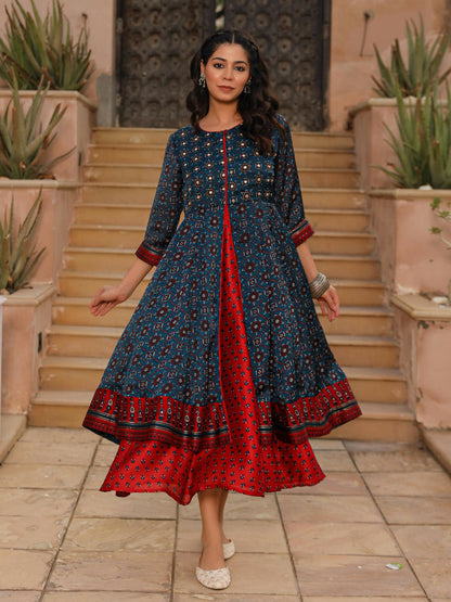 Juniper Women's The Chitrahar Blue Ethnic Motif Printed Cotton Dress With Mirror Work