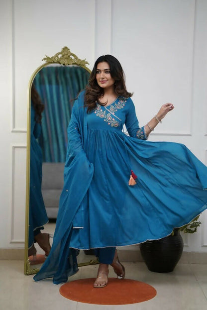 The52 Petrol Women's Beautiful Parampara Fabric Embroidered Work Flared Kurta Pant and Dupatta Set