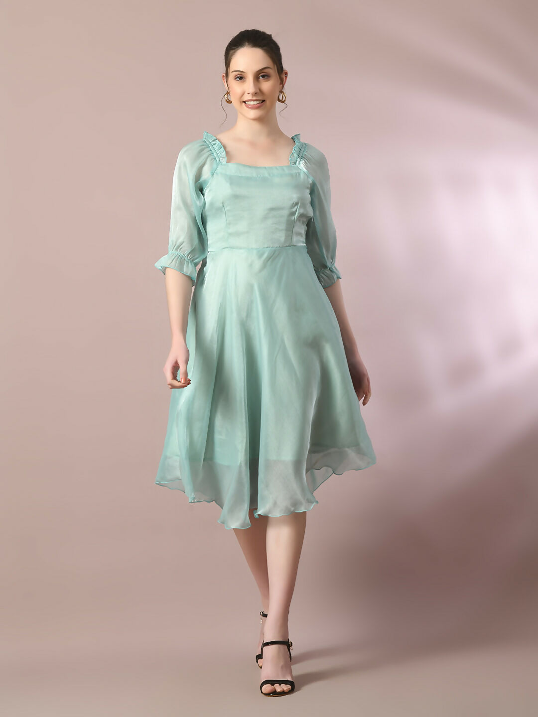 Myshka Women's Sea Green Solid Square Neck Fit and Flare Party Dress