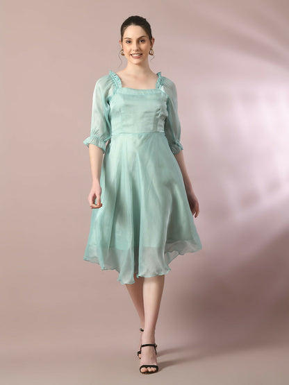 Myshka Women's Sea Green Solid Square Neck Fit and Flare Party Dress