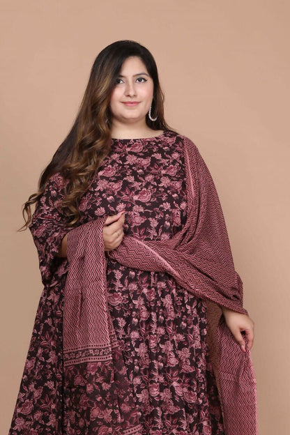 Miravan Women's Plus Size Stunning Maroon Bell Sleeve Floral Printed Anarkali Kurta Dupatta